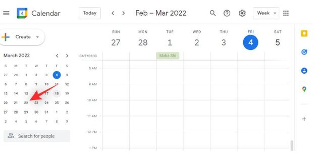 Trên máy tính, bạn cần truy cập calendar sau đó chọn ngày muốn tạo lịch họp từ bên trái.